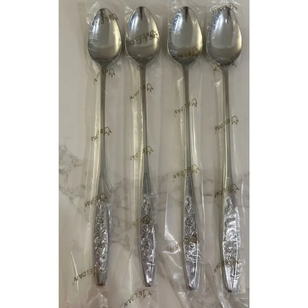 NEW Eldan ELD18 Set Of 4 Iced Teaspoons MAY ROSE Textured Roses Stainless MCM